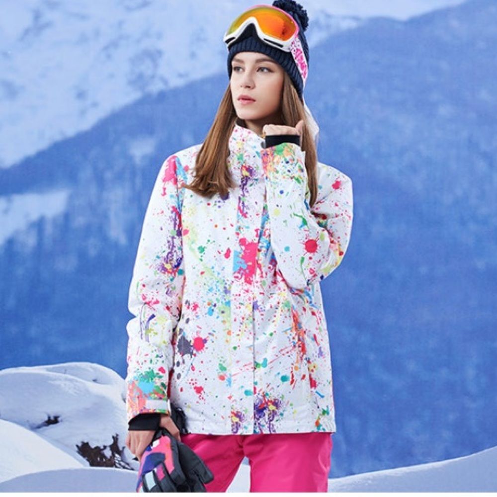 GSOU Snow 10K Waterproof Ski Snowboard Jacket White Paint Splatter Size Large
